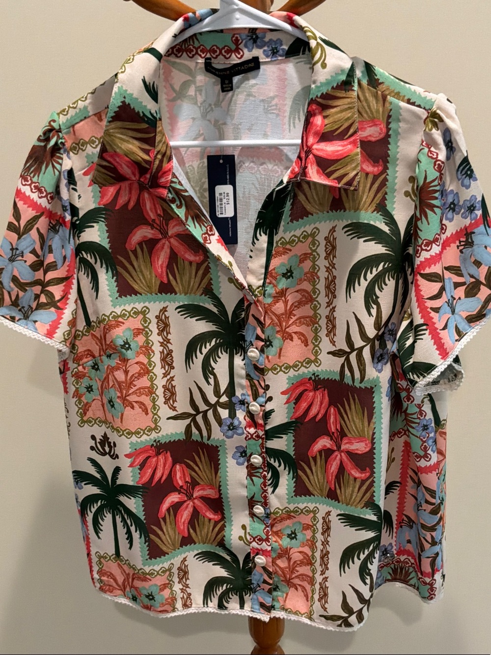 Adrienne Vittadini Multicolor Tropical Patchwork Button-Down Shirt size 1X